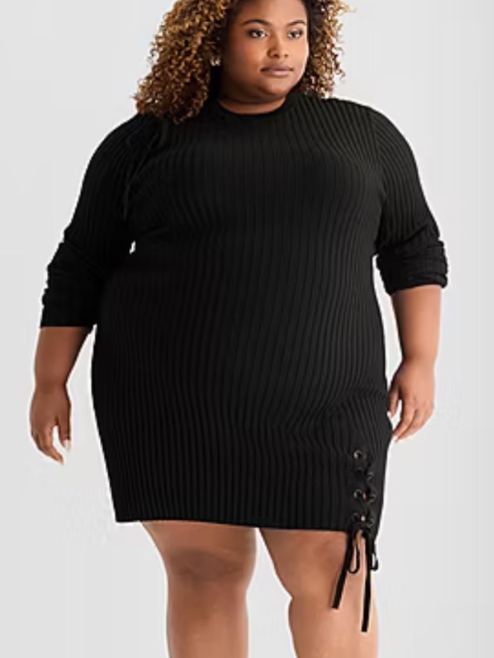Ashley Graham Women 5X Black Ribbed Lace Up Long Sleeve Mini Sweater Dress NWT - Picture 2 of 14